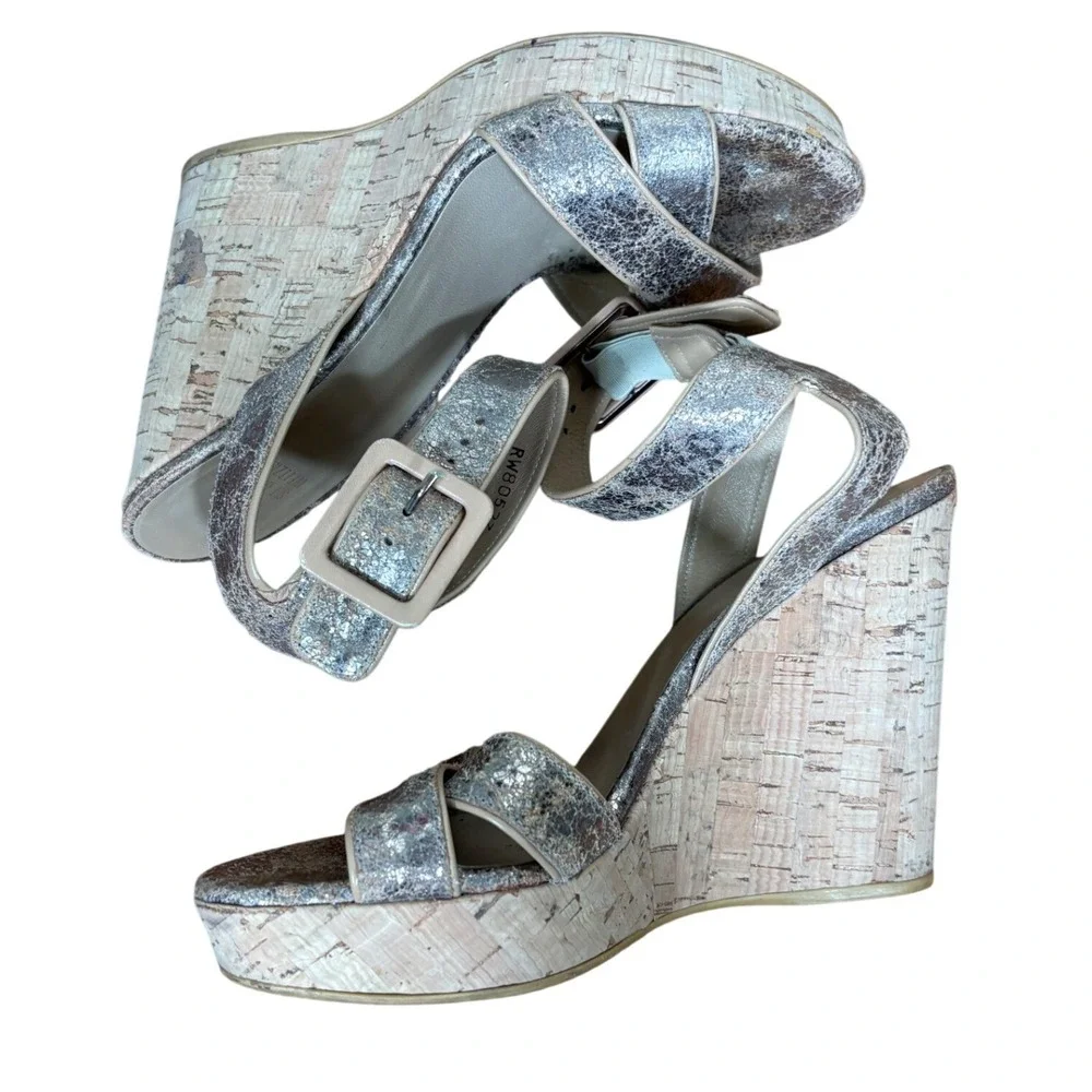 Stuart Weitzman Bronze Metallic Distressed Leather Cork Wedge Sandals size 7.5